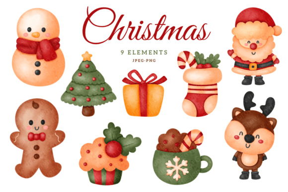 Watercolor Christmas Icons Clipart: Festive Illustrations