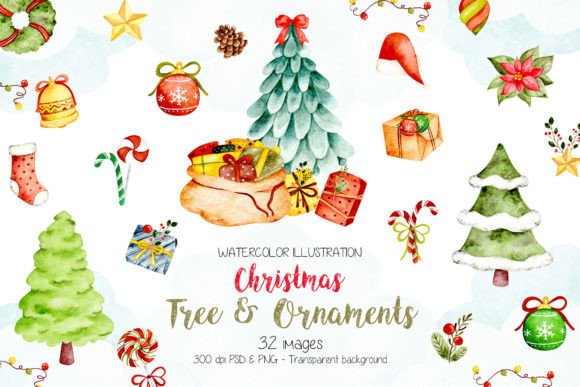 Watercolor Christmas Tree and Ornaments Illustrations