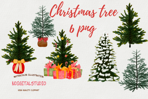 Watercolor Christmas Tree Clipart Set for Illustrations