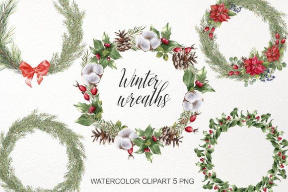 Watercolor Christmas Wreath Clipart & Illustrations